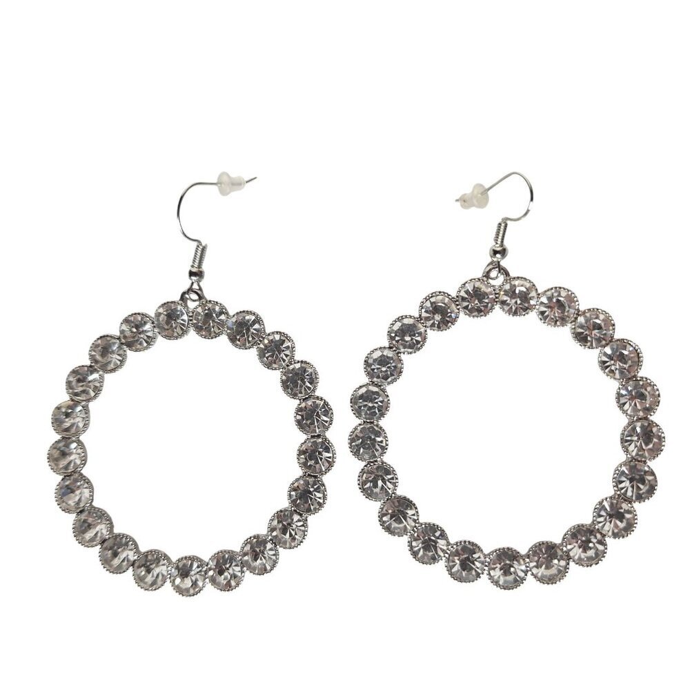 Silver Tone Hoop Earrings Crystal Accents